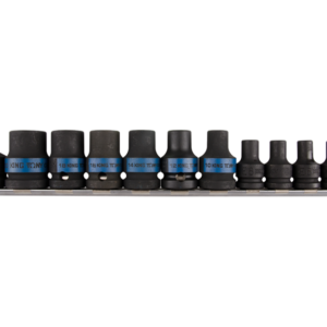 Jeu de 10 douilles Torx E à choc + accessoires en rail E5 à E20